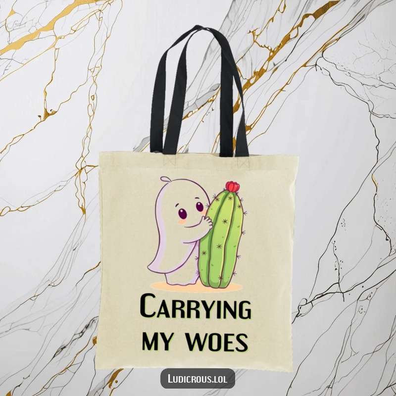 Funny tote bag illustration of a curious ghost attempting a hug with a spiky cactus, resulting in a comical scene.