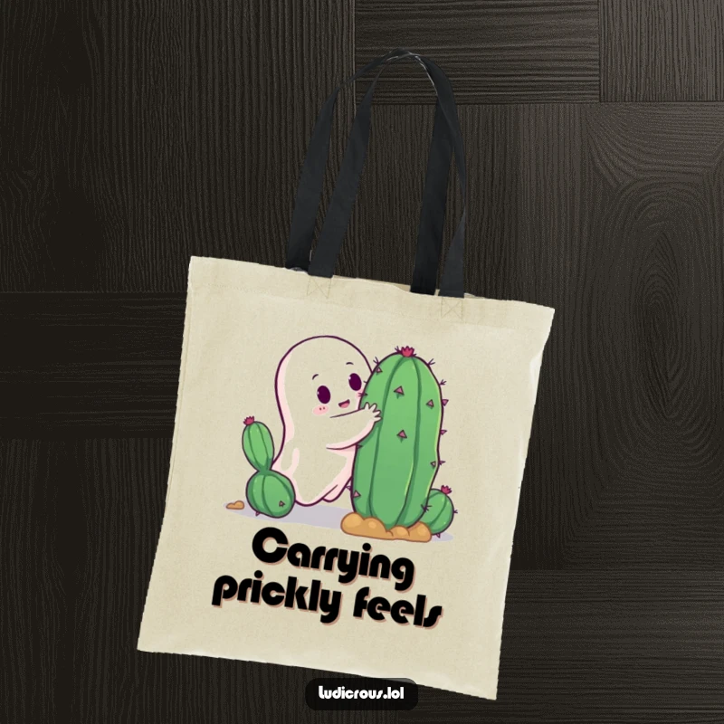 Funny ghost with outstretched arms reaching for a very spiky cactus, a comical visual for a durable and funny tote bag.