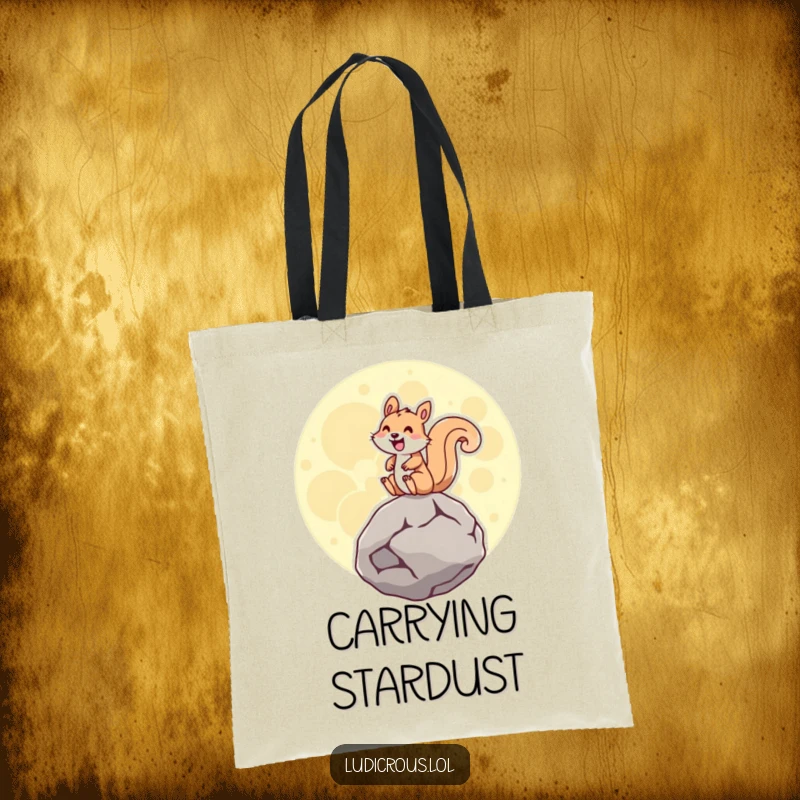 Funny squirrel riding a giant hovering moon rock with an ecstatic grin, printed on a durable and stylish tote bag.