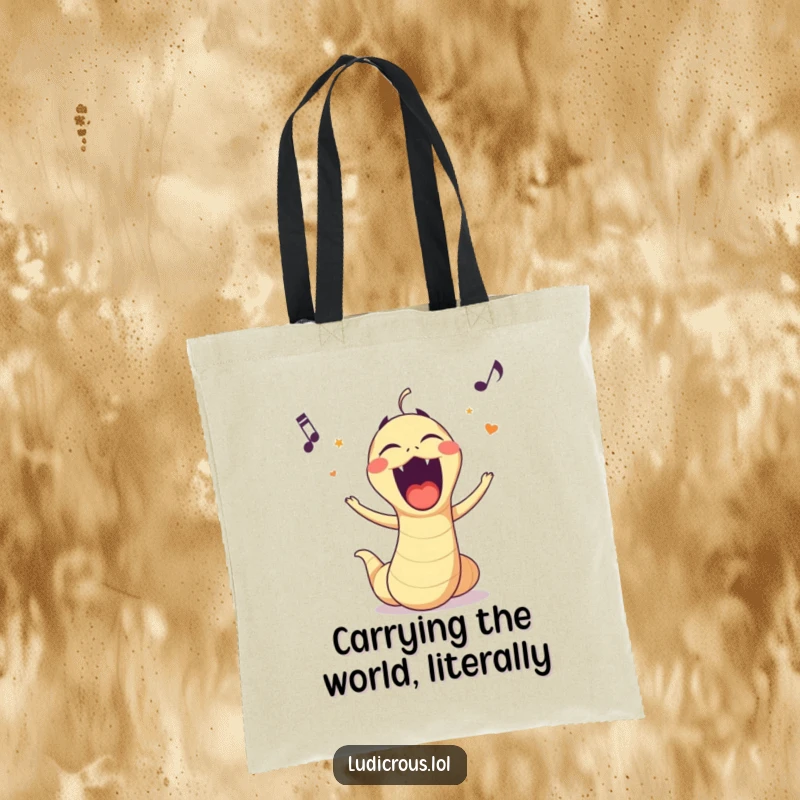 Funny tote bag showcasing a bouncing worm passionately singing opera with a comical, exaggerated facial expression.