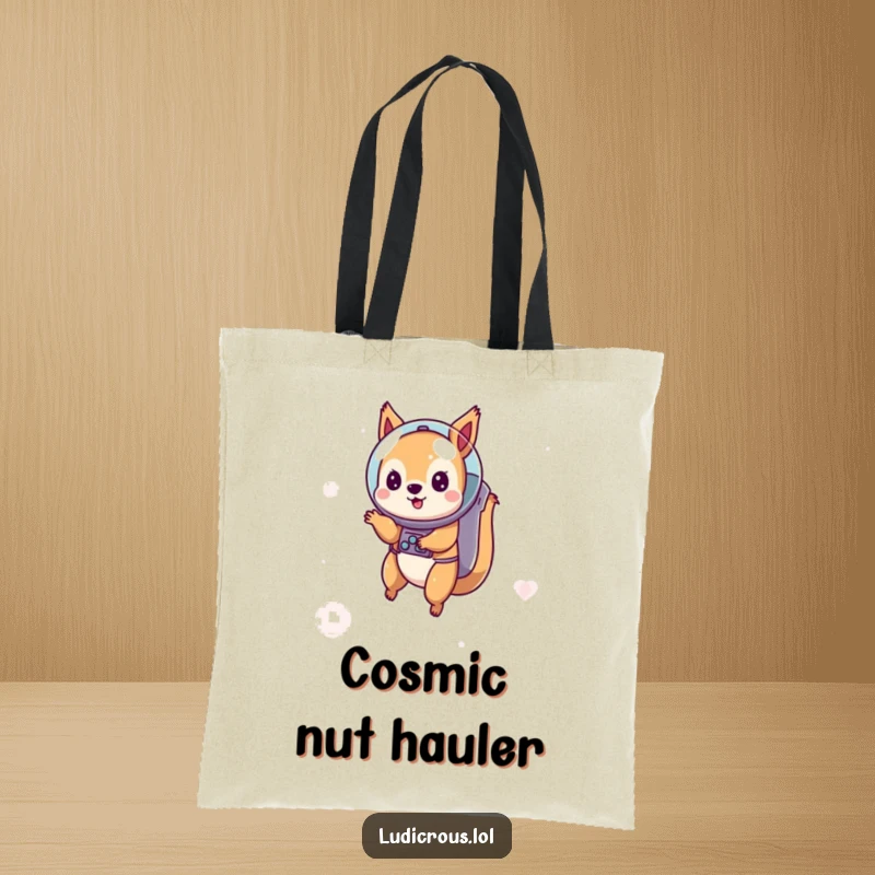 Funny tote bag showcasing a playful squirrel in an astronaut helmet floating in space, perfect for carrying essentials with cosmic flair.