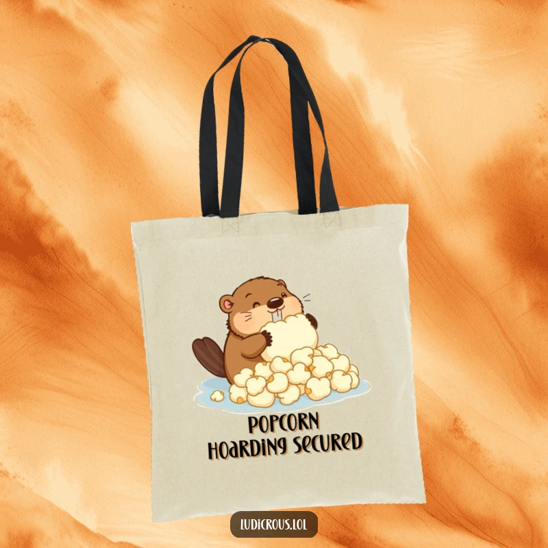 Funny tote bag with a determined beaver building a dam from giant popcorn, a humorous and practical gift.