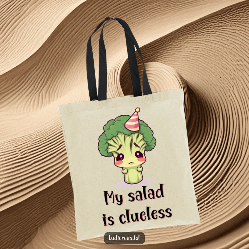 Funny broccoli floret in a tiny party hat, looking confused, printed on a durable tote bag for humorous and practical carrying.