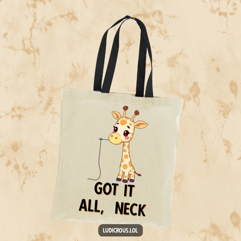 Funny giraffe tote bag depicting a wobbly giraffe character comically trying to thread a needle with its long neck, a practical and humorous accessory.