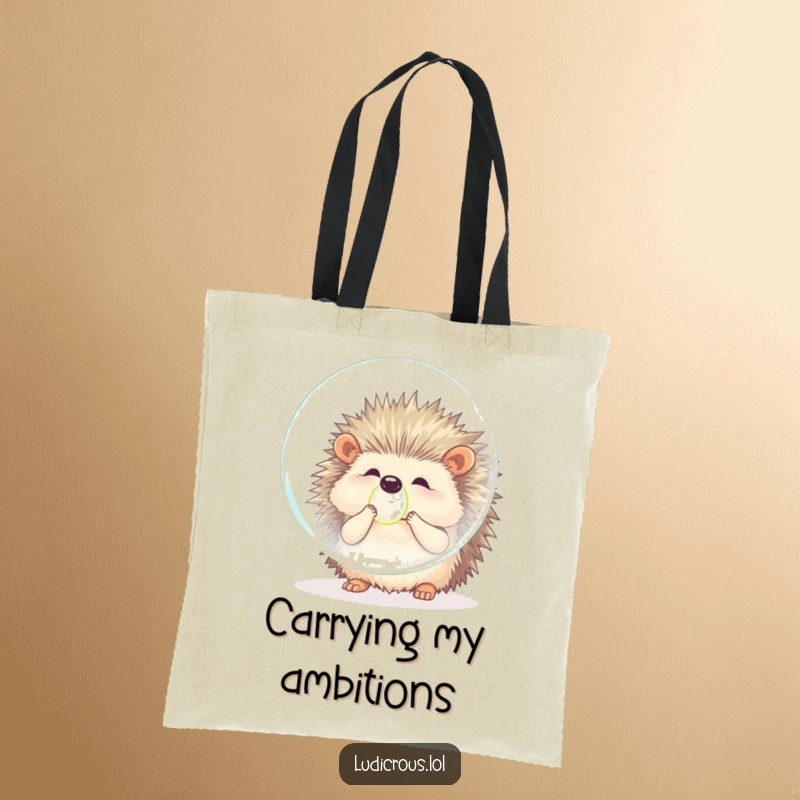Funny hedgehog tote bag featuring a fluffy creature comically attempting to blow an impossibly large bubble, highlighting effort and a humorous, ambitious spirit.