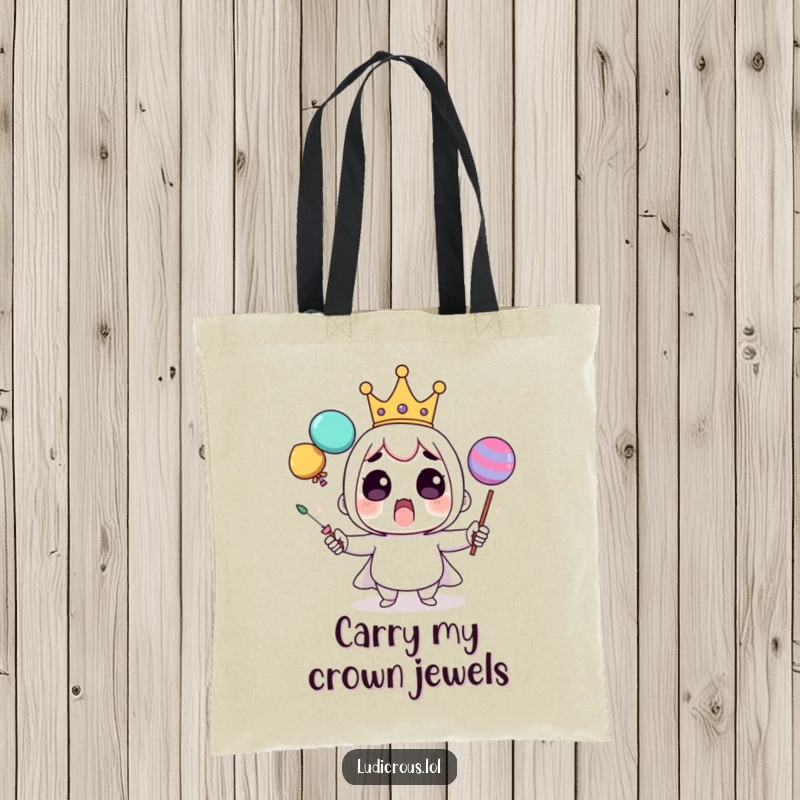 Funny tote bag with a surprised crowned character comically juggling oversized, wobbly objects, symbolizing everyday struggles with flair.