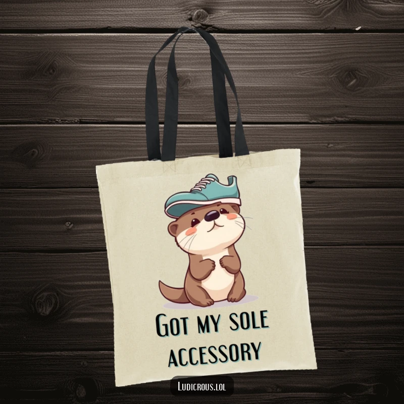 Funny Otter Tote Bag, a curious otter with a shoe on its head, ready for adventures, showcasing playful fashion senses.