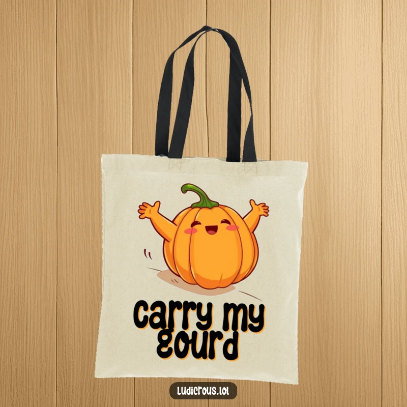 Funny plump pumpkin tote bag, comically rolling downhill with arms windmilling wildly, ideal for carrying fall finds.