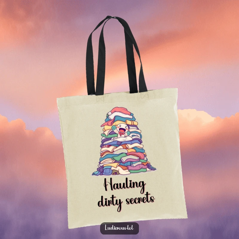 Funny tote bag with a determined sock puppet climbing a monumental pile of laundry, perfect for carrying essentials.