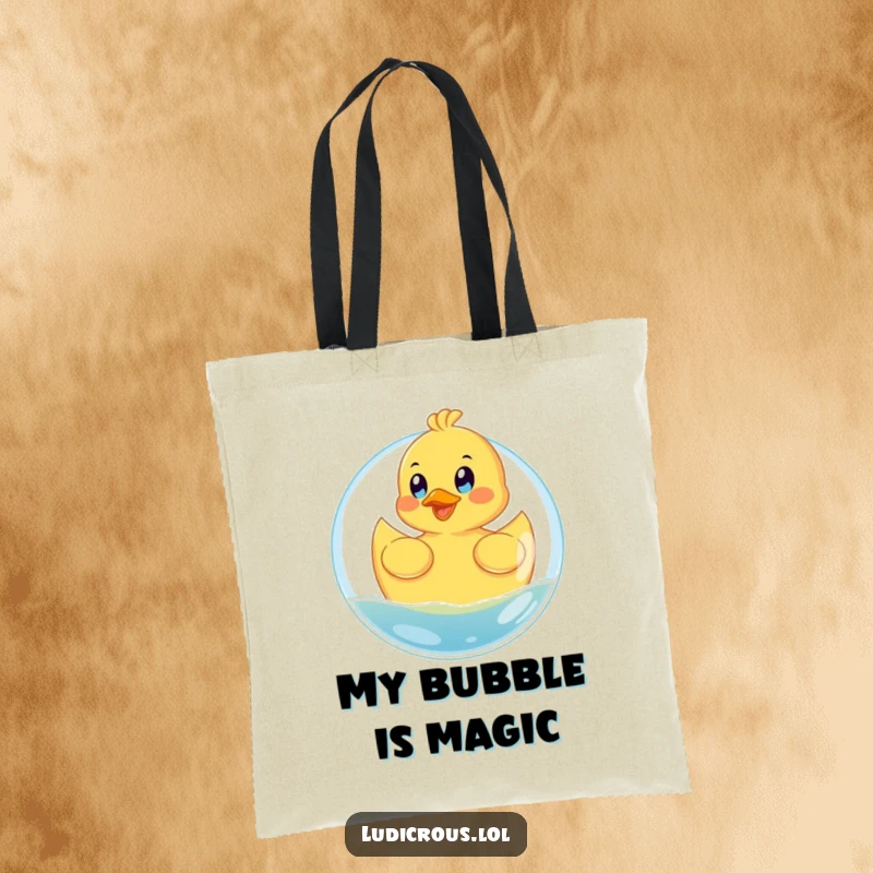 Funny tote bag with a happy rubber ducky floating on a giant bubble with eyes wide with glee, perfect for errands.