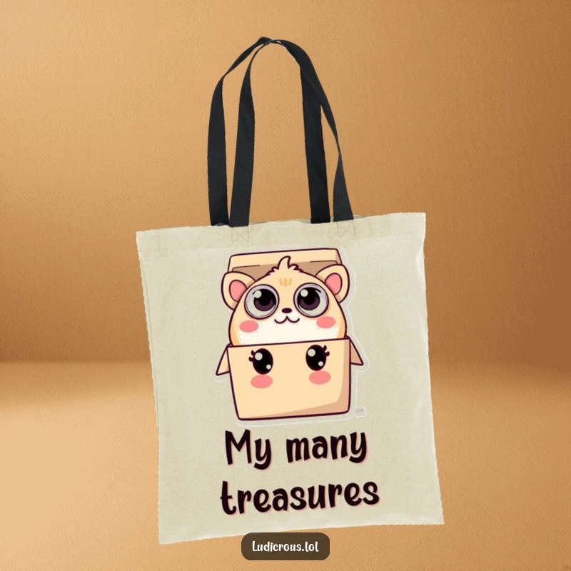 Funny tote bag illustration of a creature with an abundance of eyes, playfully peeking out of a small, overflowing box with a curious gaze.