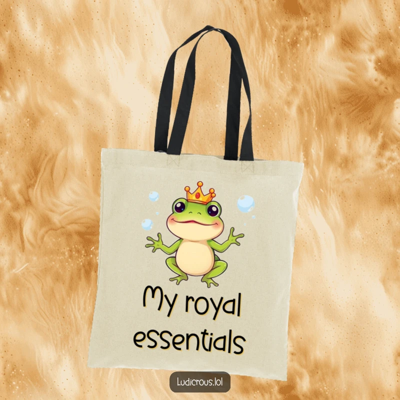 Funny Tote Bag featuring a silly frog character wearing a crown, juggling slippery soap bubbles, practical and whimsical.