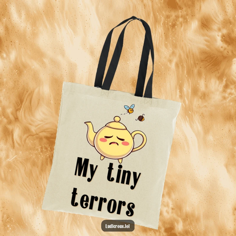 Funny nervous teapot tote bag, aggressively whistling steam at a fly, making errands a steamy delight.